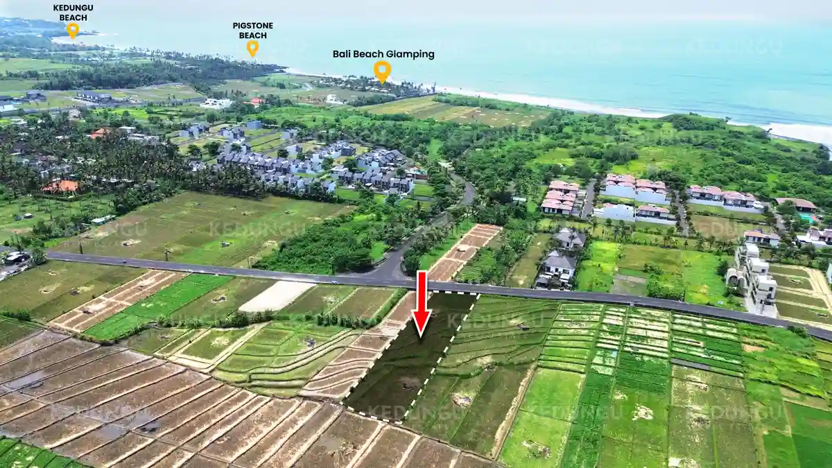 Aerial view of 17 are land for lease in Pangkung Tibah with nearby beach labels – Kedungu, Pigstone, and Bali Beach Glamping.